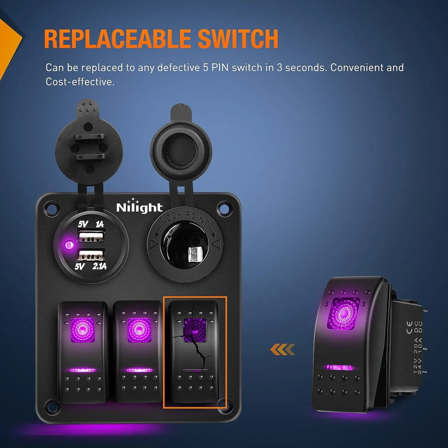 3Pcs 5Pin SPST On/Off Rocker Switch Purple