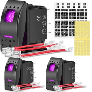 3Pcs 5Pin SPST On/Off Rocker Switch Purple