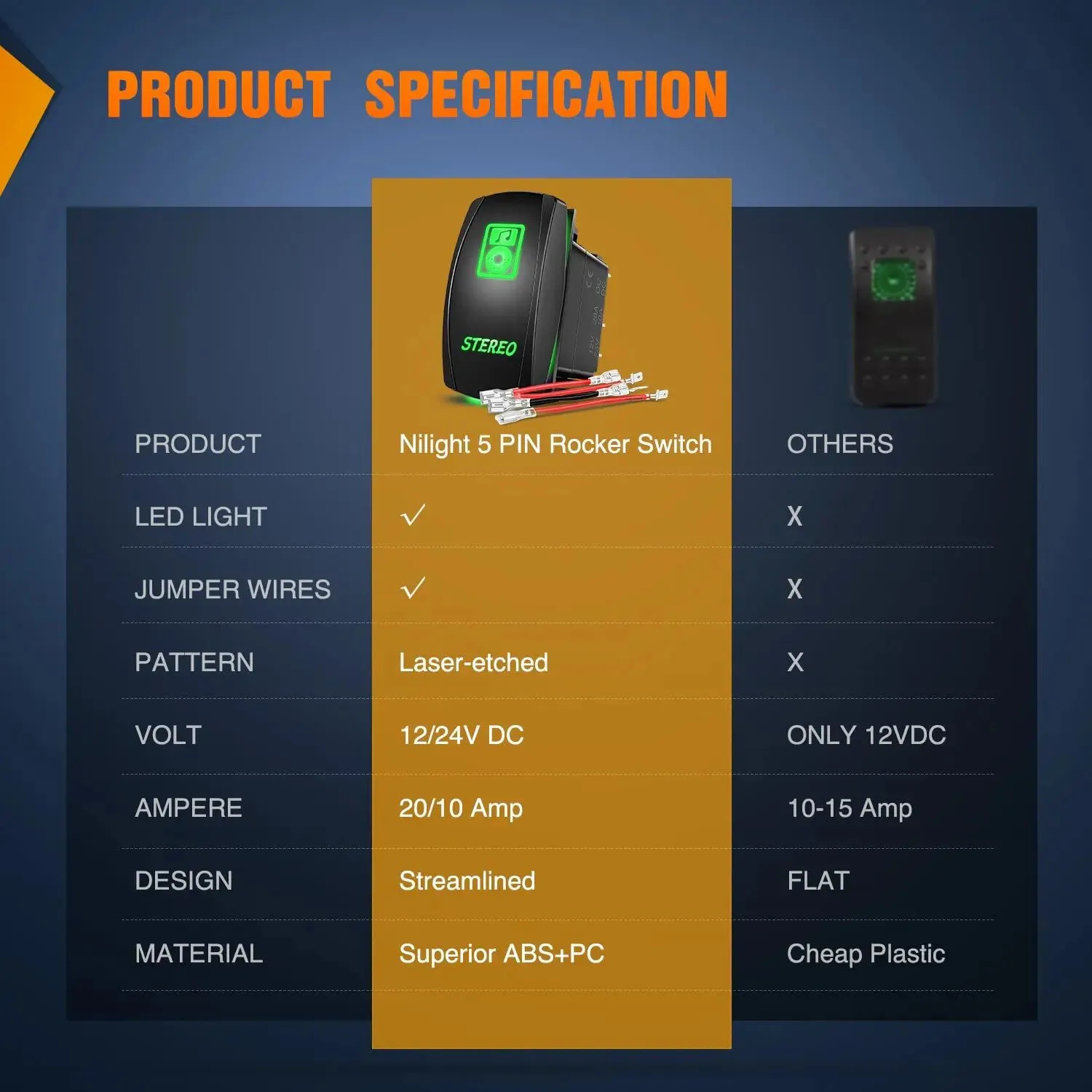 5Pin Laser On/Off Stereo Rocker Switch Green