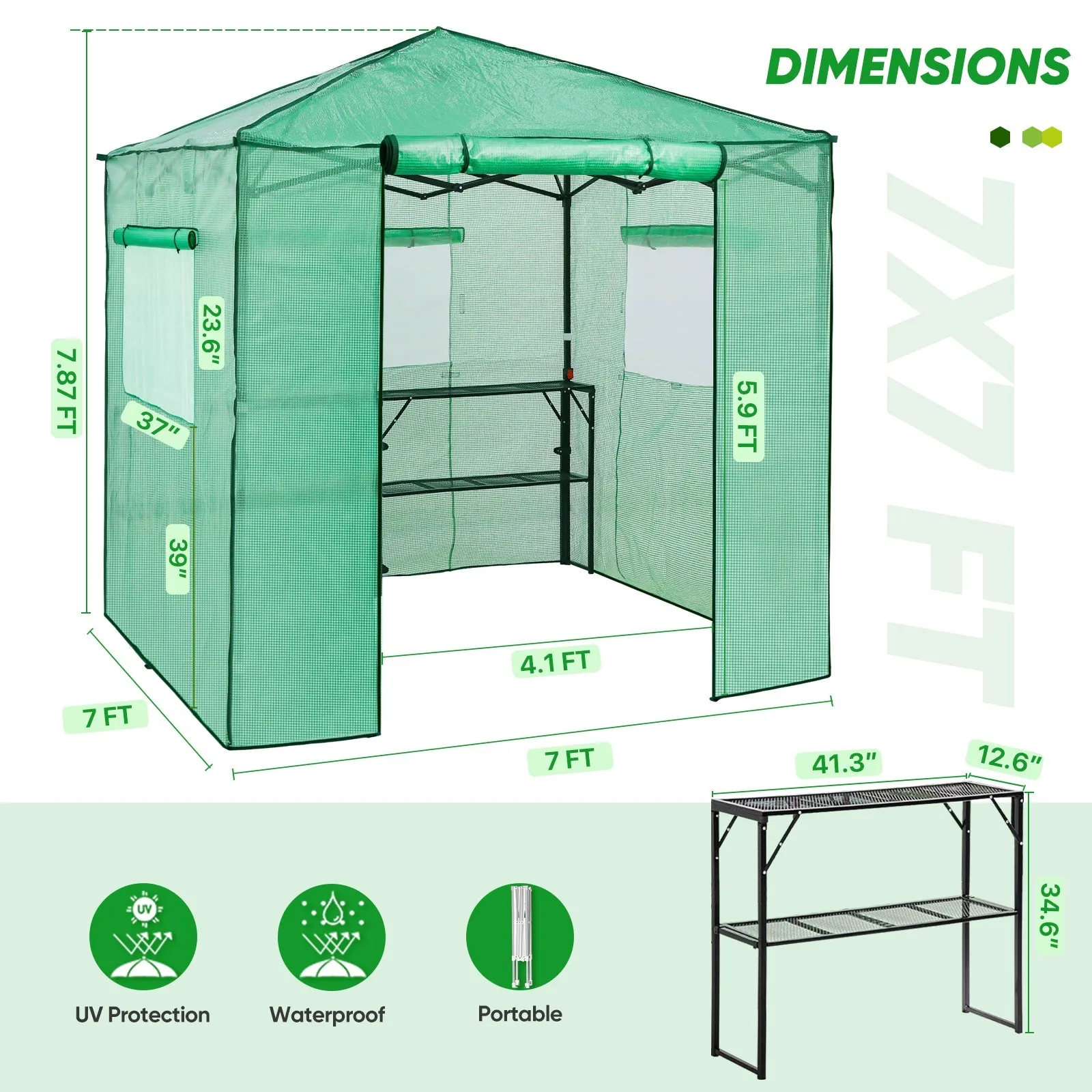 7x7 Pop up Greenhouse Portable Walk-in with 2 Foldable Shelves