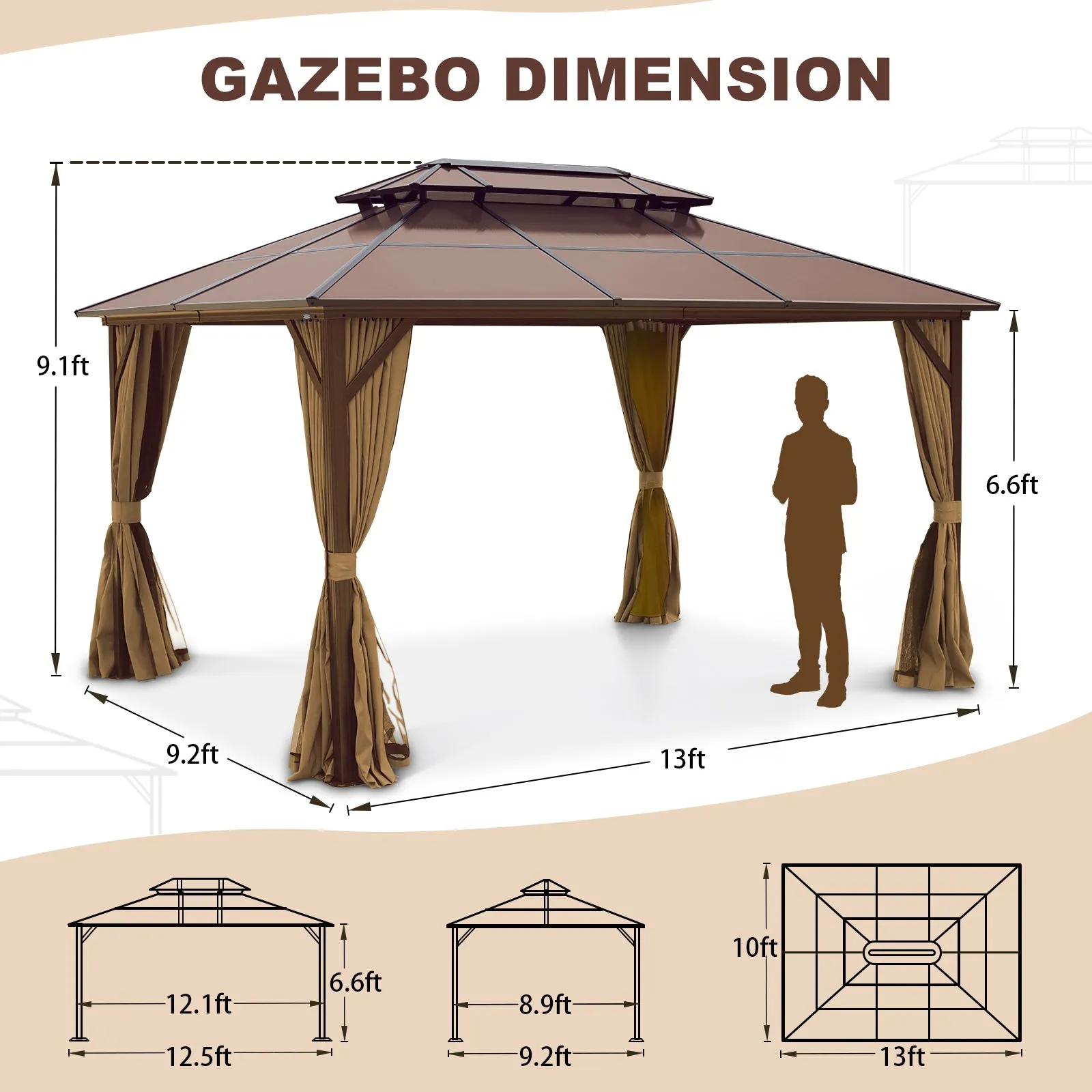 Delta 10X13 ft Patio Gazebo with Netting & Curtains - Brown