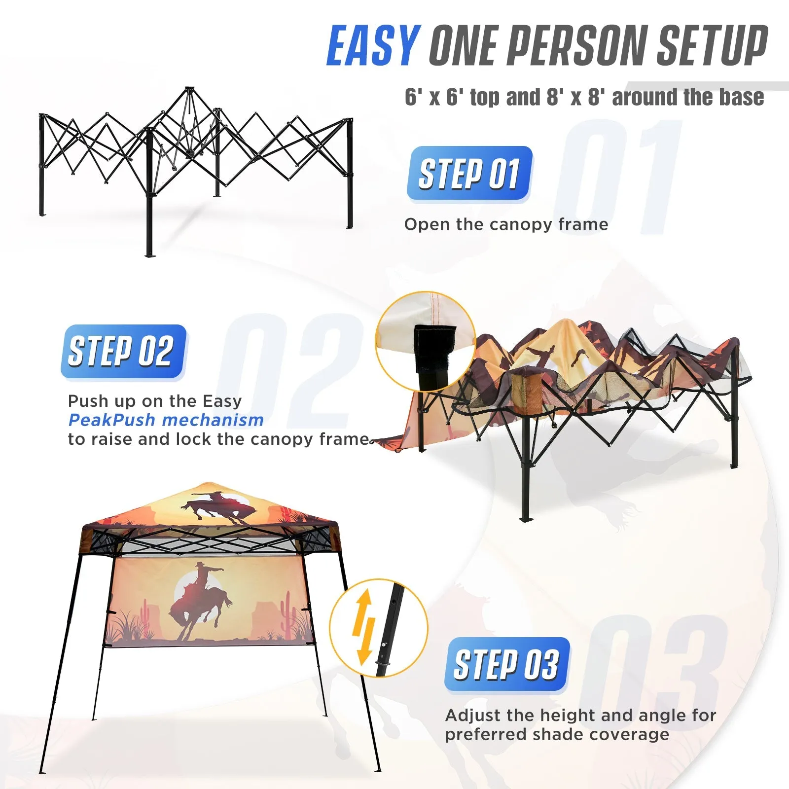 SHADE GRAPHiX Day 8x8 Tripper Pop Up Canopy Tent with Digital Printed,Cowboy