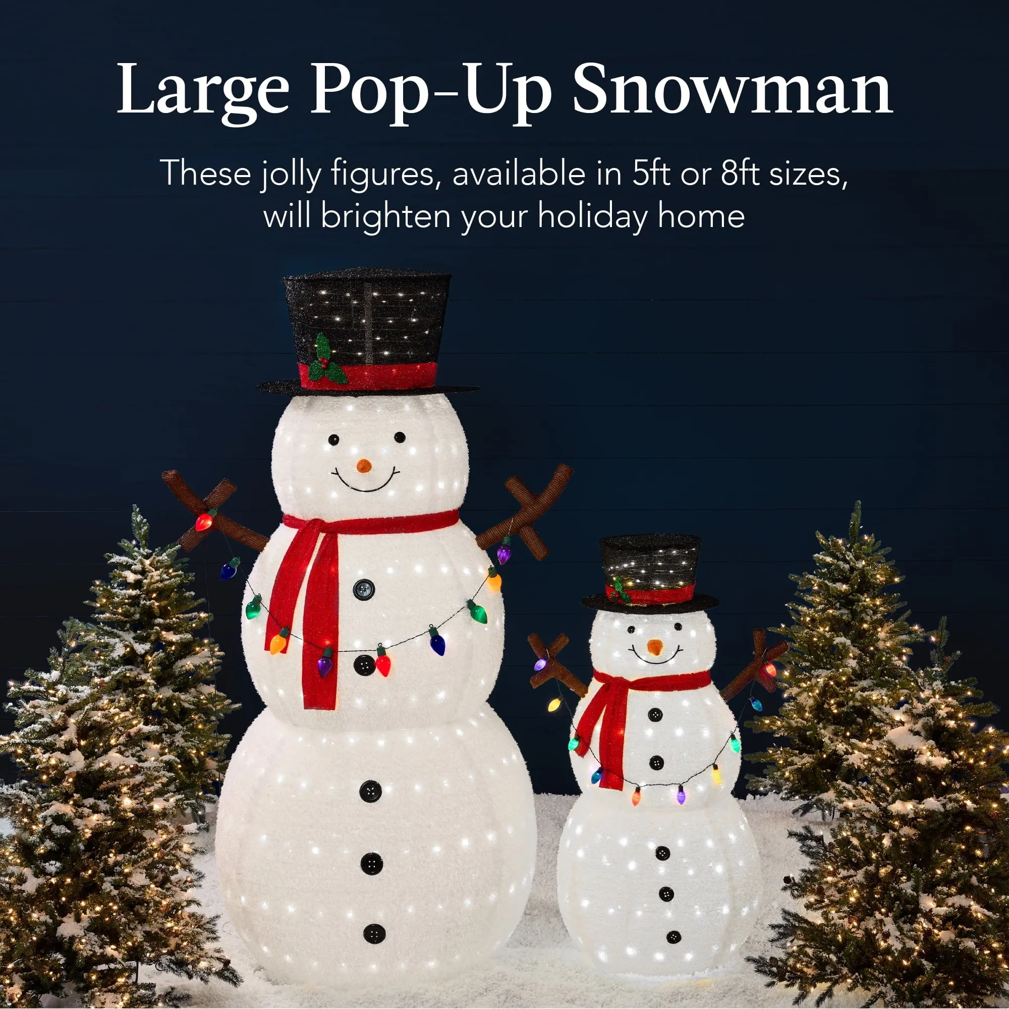 timeless 5ft Lighted Pop-Up Snowman, Outdoor Christmas Holiday Decoration w/ 200 LED Lights, Hat, Scarf Giant - 8ft Giant - 8ft
