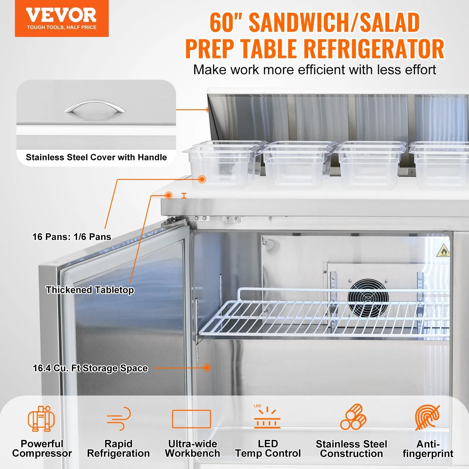 Vevor Refrigerated Prep Table 16.4 Cu. Ft. Commercial 2-Door Food Prep Fridge 60" Stainless Steel New